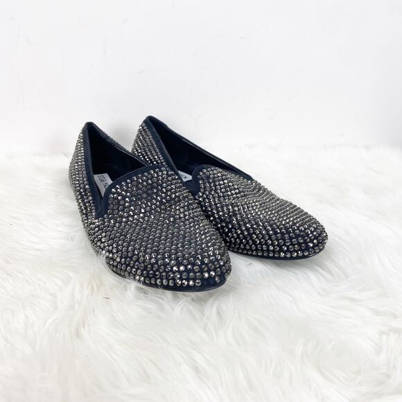 Steve Madden 7.5 M Womens Black Textile Conncord Rhinestone Stud  Smoking Flats - Picture 1 of 8